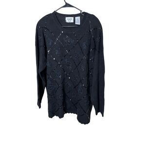 Cervelle Black Embellished Knit Sweater Diamond Pattern Size 1X‎ Womens